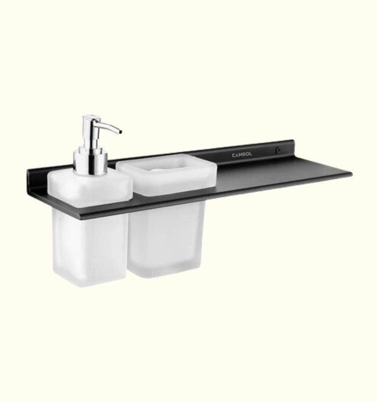 Ember Black Shelf with Tumbler Holder & Soap Dispenser (Space Aluminium) - by Camrol®